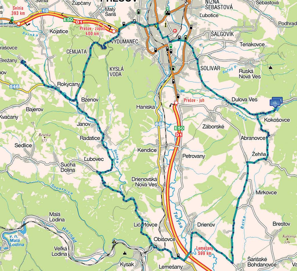 km 57,9 križovatka odbočiť vľavo smer Prešov km 65,3 križovatka v obci Žehňa,