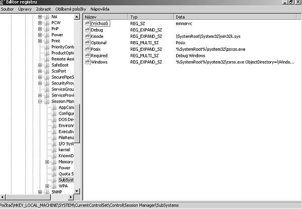 Windows NT a jeho součásti Architektrura Windows NT 2 Obrázek 2.6: Výpis klíče Session Manager\SubSystems Obrázek 2.