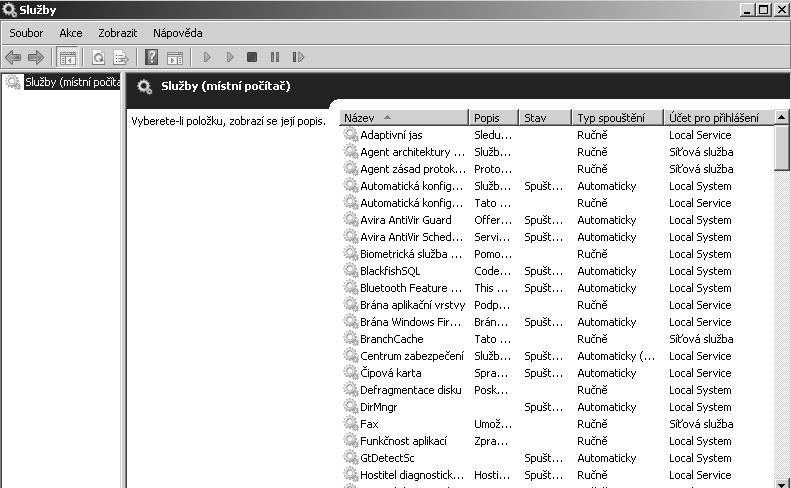 Kapitola 2 Architektura rodiny operačních systémů Windows NT Obrázek 2.12: Rozhraní snap-inu services.msc Každá nainstalovaná služba má zde vyhrazený jeden podklíč.