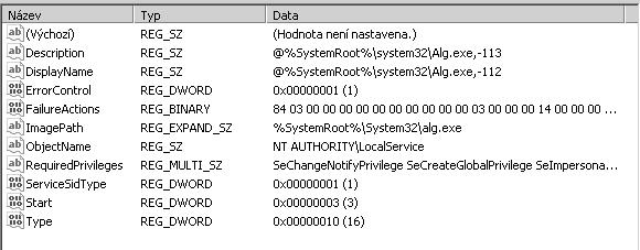 Mezi nejdůležitější hodnoty patří: Description DisplayName ErrorControl ImagePath Start Type Obrázek 2.