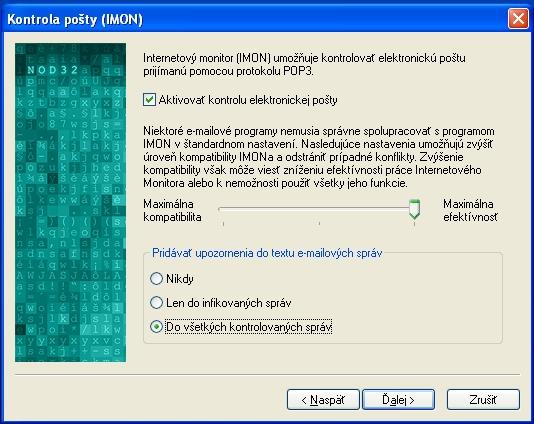 16. Kontrola pošty (IMON) Nechajte označené Aktivovať kontrolu elektronickej pošty, v nastavení kompatibility nechajte maximálnu efektívnosť a časti Pridávať upozornenia do textu emailových správ