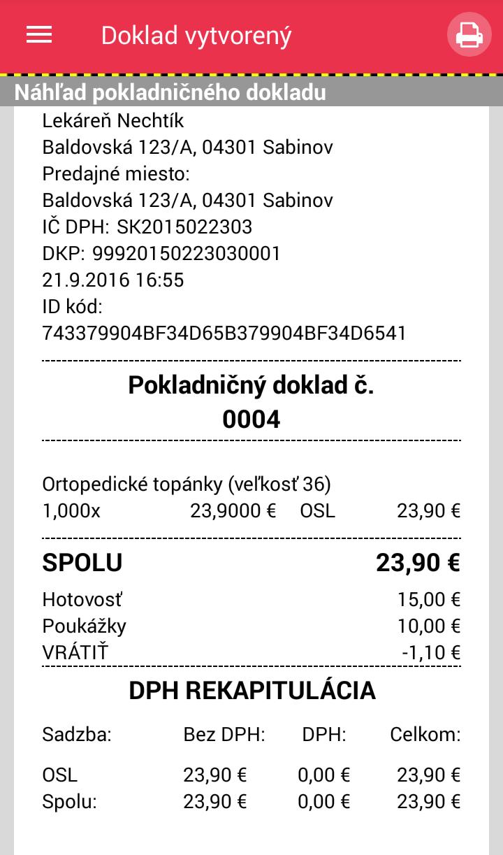 Strana 41 / 93 Obrázok 24: Vytvorený pokladničný doklad s rozpisom platieb Podnikateľ má taktiež možnosť od zákazníka prijať cudziu menu a túto skutočnosť vykázať na pokladničnom doklade.