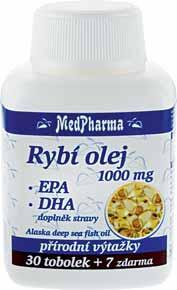 PŘÍRODNÍ VÝTAŽKY RYBÍ OLEJ 1000 mg EPA + DHA Kyselina eikosapentaenová (EPA) a kyselina dokosahexaenová (DHA) jsou biologicky aktivní omega-3 nenasycené mastné kyseliny, které mají klíčovou roli v