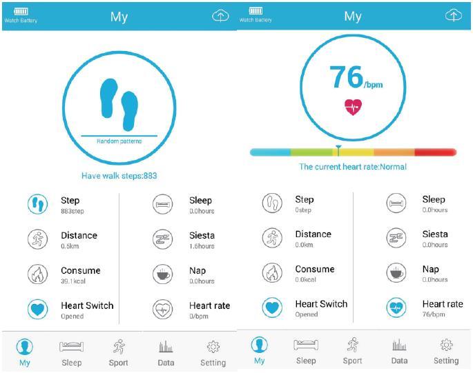 Popis funkcií Rozhranie Môj status ( My Status ) zobrazuje všetok pohyb, dáta k monitorovaniu spánku a aktuálne hodnoty.