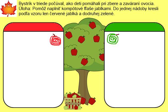 Fixácia: Striedanie sa detí pri IT (pracovný list B6), kreslia jablká podľa úlohy. Učiteľka usmerňuje prácu detí pri kreslení (správnosť a postupnosť navíjania).