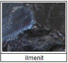 ilmenit - oxid železnatotitaničitý, chem. vz. FeTiO3, klencový, neprůhledný, černý, černohnědý, kovový lesk, zaměňuje se s nigrínem. 5-6 tvr., 4,5-5 hust.