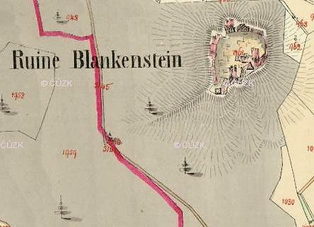 2. 3 Mapy stabilního katastru základem indikační skicy z let 1824-1843 (Čechy) velmi pečlivé, barevně rozlišeny stavby zděné (červeně) a dřevěné (žlutě), barevně rozlišovány i různé druhy pozemků