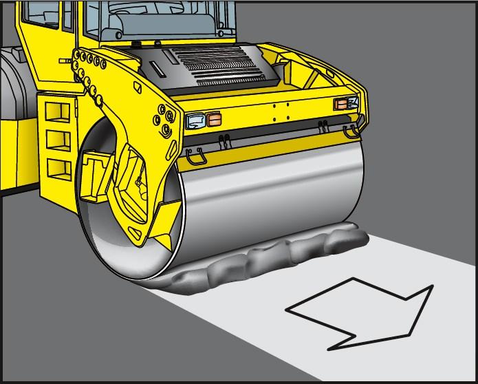 Obrázek 38: Hrnutí směsi před válcem (zdroj www.bomag.com) - Nalepování směsi na běhouny a kola válců viz obr.
