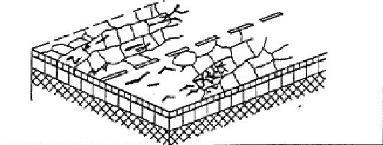 Obrázek 16: Mozaikové trhliny - Síťové trhliny Opakovaným zatěžováním v místě nejvyššího namáhání na spodním líci asfaltových vrstev dojde ke vzniku zárodku trhliny.
