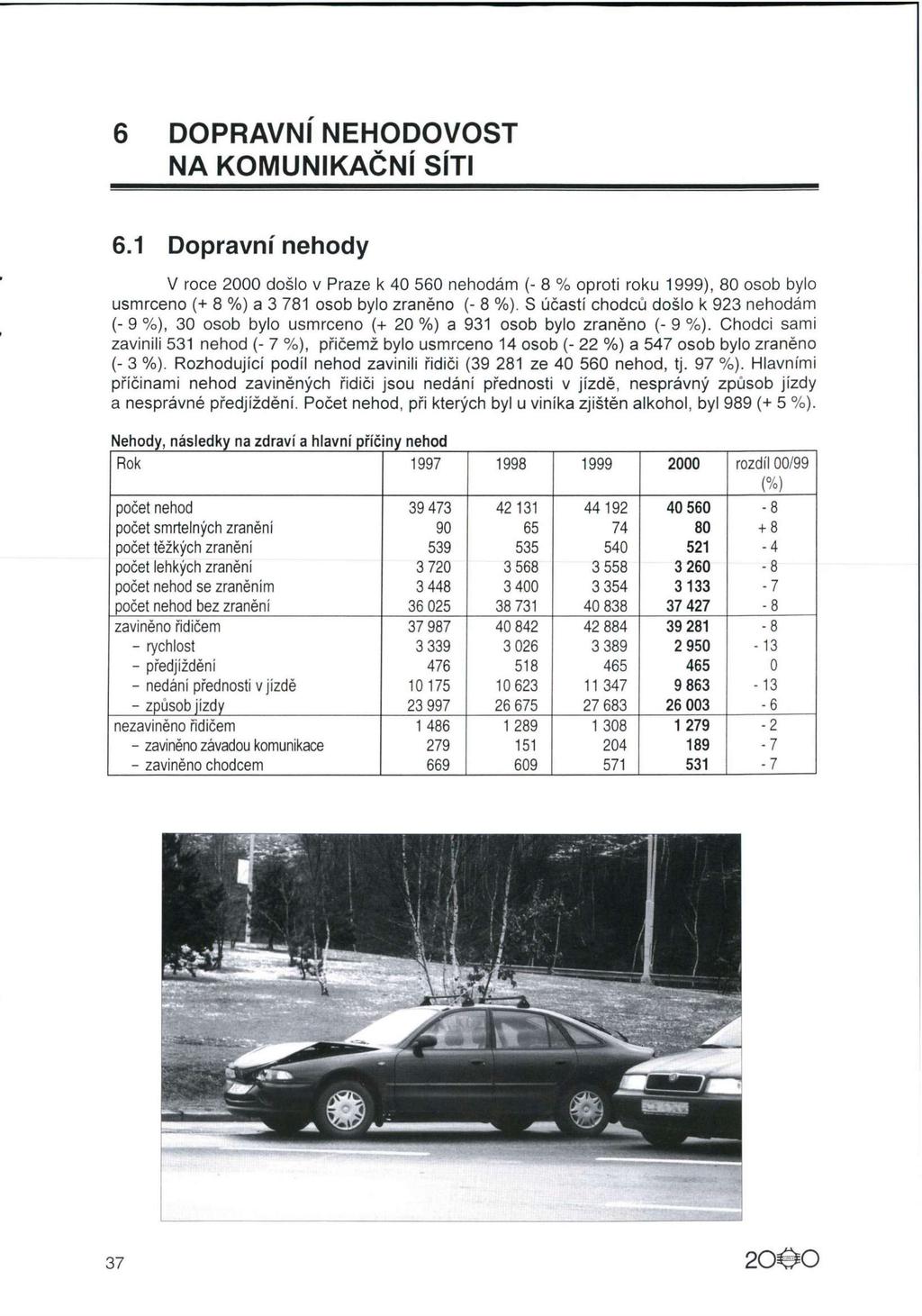 6 DOPRAVNÍ NEHODOVOST NA KOMUNIKAČNÍ SÍTI 6.1 Dopravní nehody V roce 2000 došlo v Praze k 40 560 nehodám (- 8 % oproti roku 1999), 80 osob bylo usmrceno (+ 8 %) a 3 781 osob bylo zraněno (- 8 %).