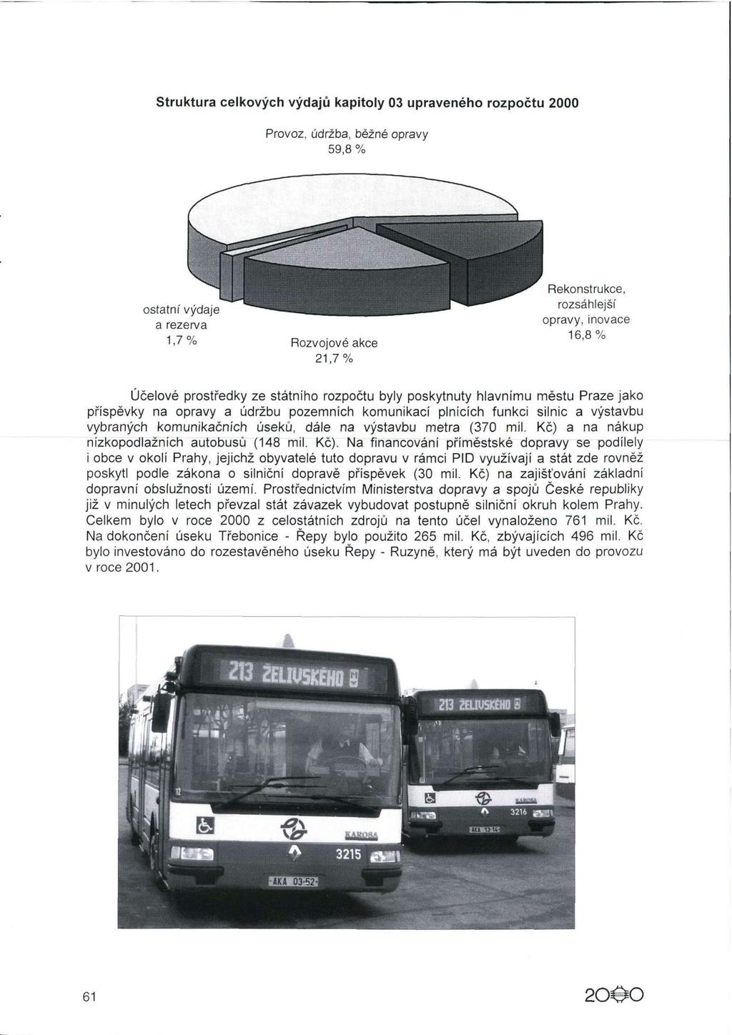 Struktura celkových výdajů kapitoly 03 upraveného rozpočtu 2000 Provoz, údržba, běžné 59,8 % opravy 21,7% Účelové prostředky ze státního rozpočtu byly poskytnuty hlavnímu městu Praze jako příspěvky