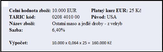 Obrázek 11: Příklad výpočtu valorického cla (TARIC) Zdroj: Nařízení Rady (EHS) č.