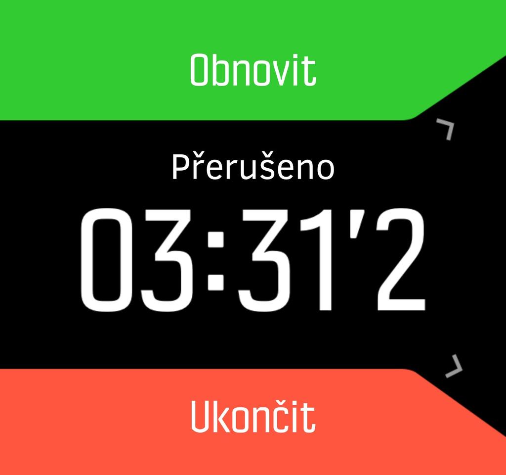 6. V průběhu záznamu je možné pomocí prostředního tlačítka nebo dotykové obrazovky, pokud je během aktivity povolena, přepínat mezi displeji. 7. Pro přerušení záznamu stiskněte horní tlačítko.