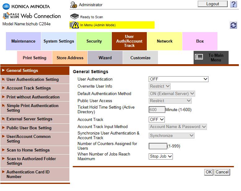 12 Nastavení přes webové rozhraní stroje (PSWC) Většinu nastavení lze provést prostřednictvím webového rozhraní stroje (PageScope Web Connection).