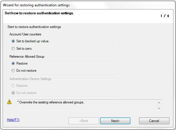 Pro zálohu konkrétního stroje používejte funkce Backup of Address and Authentication Data a Restore authentication settings.