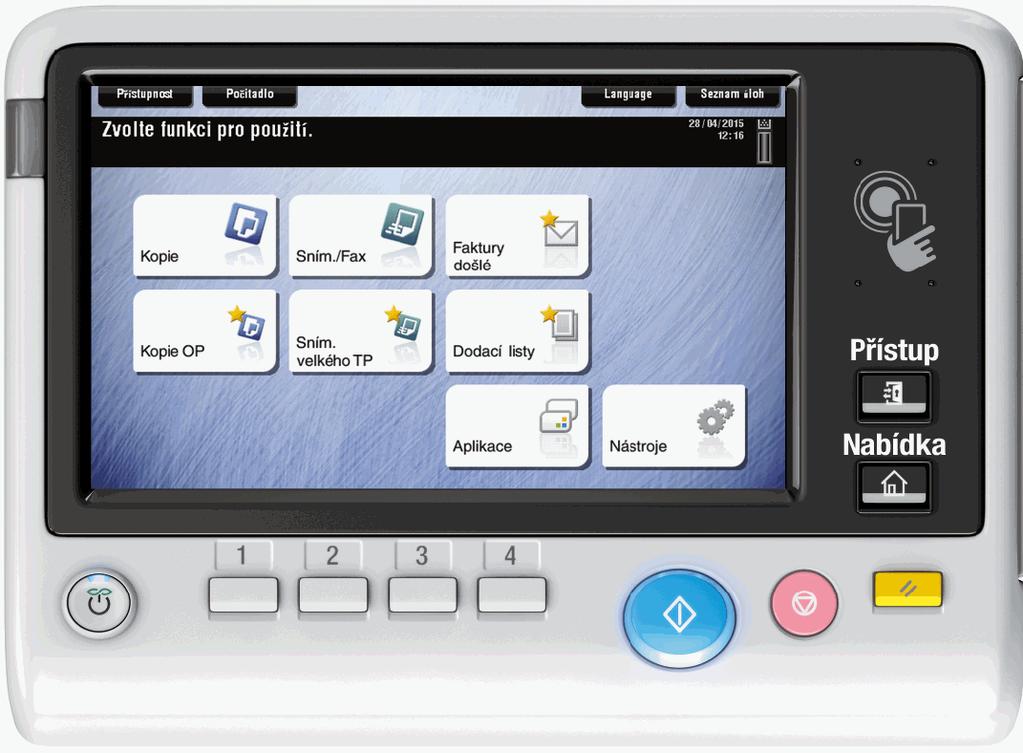 DETAILY O ZAŘÍZENÍCH A SLUŽBÁCH DETAILY O VLASTNOSTI NABÍZENÉHO ZAŘÍZENÍ BIZHUB 287 HNED NA PRVNÍ DOTEK VÍTE, CO MÁTE DĚLAT Velký barevný dotykový displej a ovladače jsou v češtině a nabízí jednotný