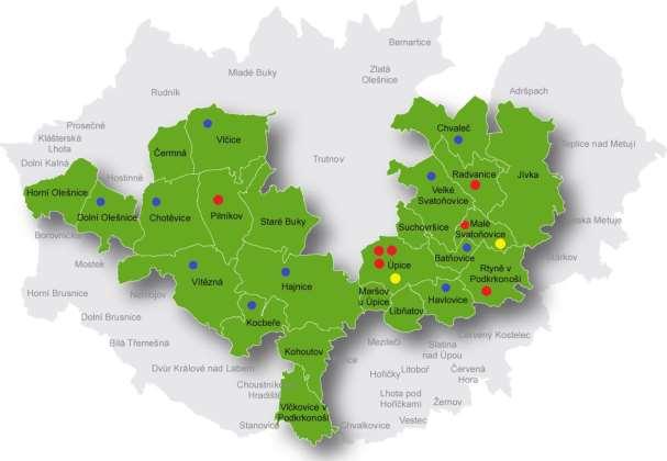 Mapa č. 2 ZŠ 1. a 2. stupně a střední školy na území MAS 6 (modré ZŠ první stupeň, červené ZŠ první i druhý stupeň včetně speciální ZŠ, žluté střední školy) 3.