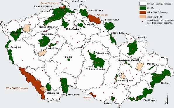 Mapa č. 6 Mapa ČR s vyznačením zvláště chráněných území Rozmanitá příroda v regionu podléhá určitému stupni ochrany.