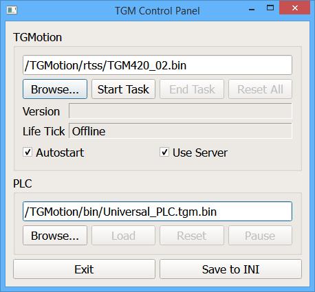 Tlačítkem Save to INI lze uložit nastavení pro TG Motion, tj. cesta k souboru.bin, volba Autostart a Use Server do souboru /TGMotion/system/tgm_plc_starter_service.ini.