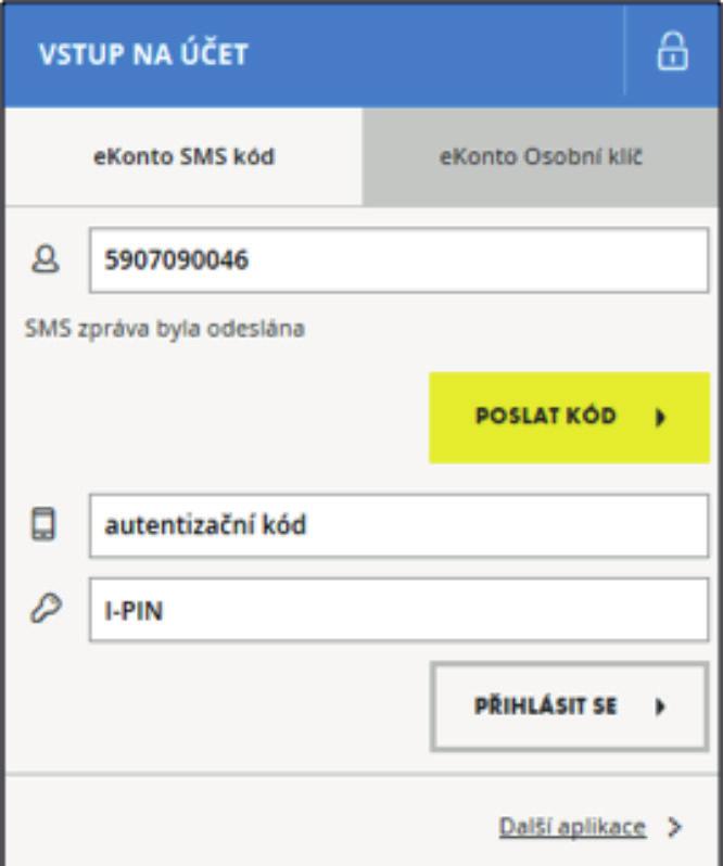 Následně obdržíte SMS s autentizačním kódem na Váš mobilní telefon. Zároveň se v přihlašovacím okně zobrazí pole pro vyplnění autentizačního kódu a případně I-PINu. 4.