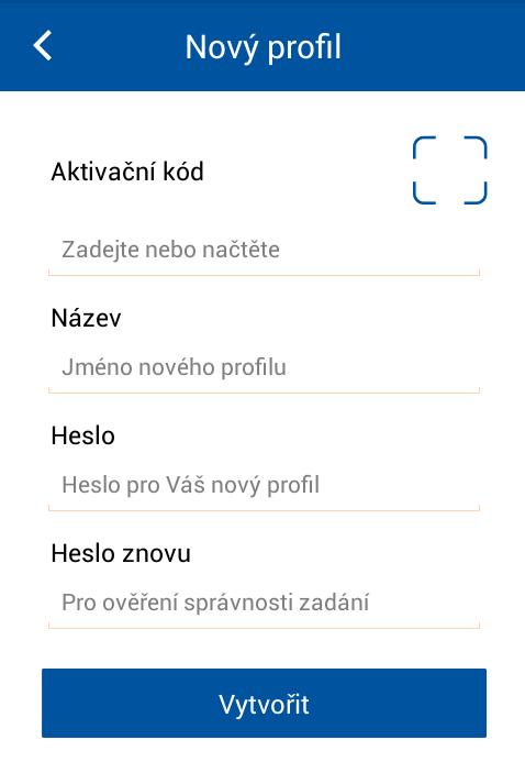 Spusťte mobilní aplikaci CS OTE. Klikněte na Nový profil. Obr. 7 Přímá aktivace Mobilní aplikace Nový profil Obr.