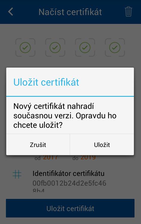 Obr. 34 Nahrazování certifikátu Po úspěšném uložení certifikátu do mobilního