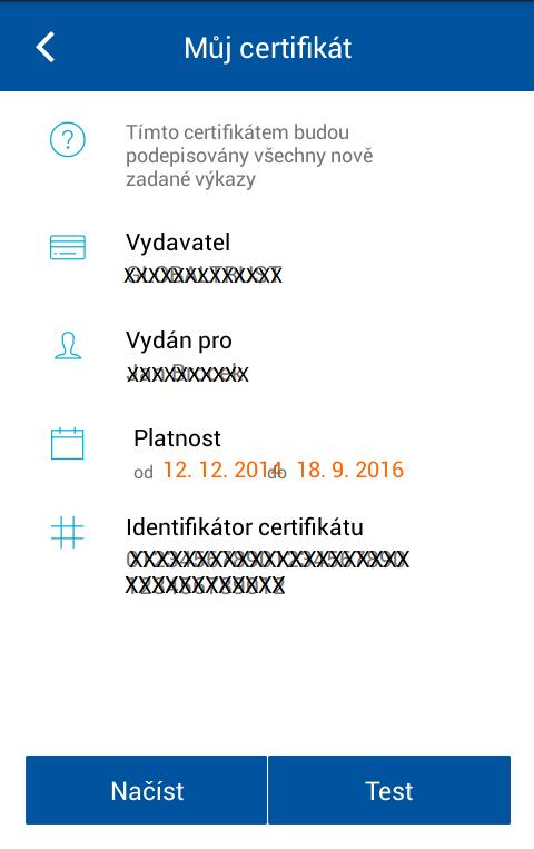 35 Uložený certifikát Volbou Test na obrazovce s informacemi o uloženém certifikátu