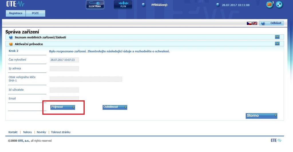 Aktivace nebyla dokončena nebo byl profil deaktivován. Nyní je potřeba se přihlásit do portálu CS OTE, vybrat Registrace-Mobilní Přístup-Správa zařízení.