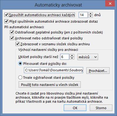 3 Kalendář 38 V dialogovém okně Možnosti aplikace Outlook v kartě UPŘESNIT v sekci AUTOMATICKÁ ARCHIVACE klikneme do tlačítka Nastavení automatické archivace.