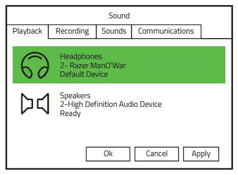 Krok 4: Na seznamu v záložce Playback (Přehrávání) zvolte položku Razer ManO War a klikněte na tlačítko Set Default (Nastavit