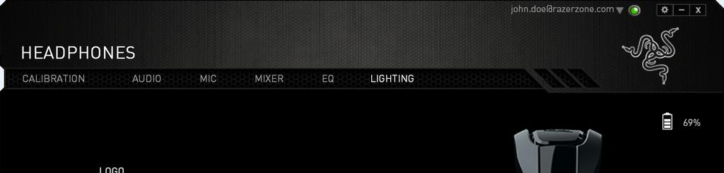 Záložka Lighting V záložce Lighting (Podsvícení) si můžete upravit způsob podsvícení loga Razer nebo si zde můžete vybrat jeden z předem