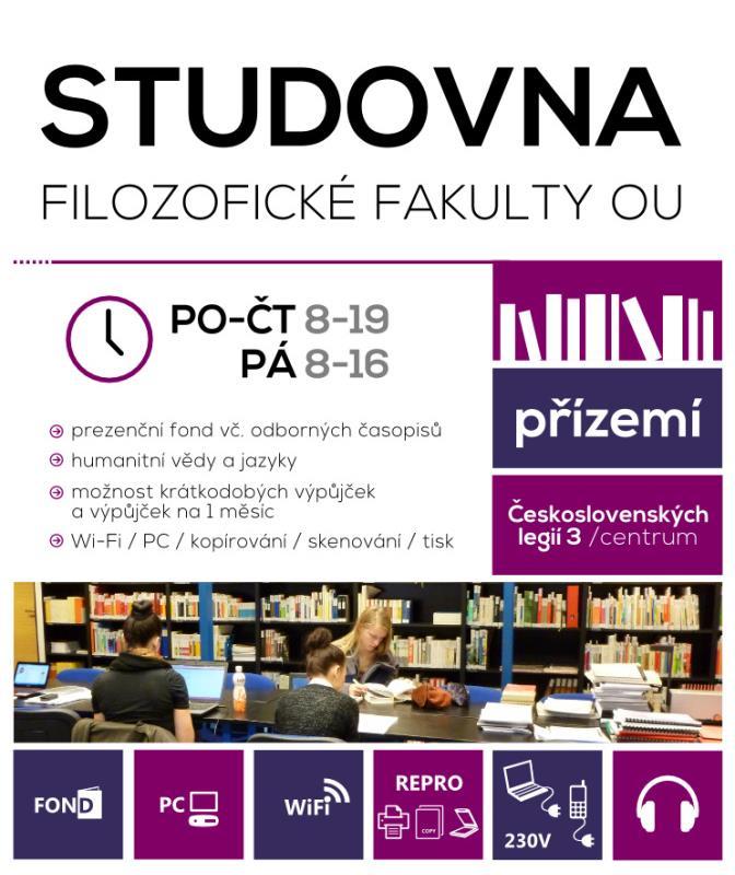 Studovna Filozofické fakulty fond profilovaný dle oborů vyučovaných na FF volný výběr krátkodobé výpůjčky, výpůjčky