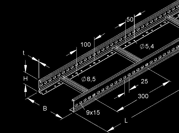 YTÉM KAELOVÝC ŽEŘÍKŮ Kabelový žebřík Rozteč příčlí 300, s bočnicemi s průběžným děrováním, s nanýtovanými nahoru otevřenými příčlemi z C-profilu s drážkou širokou 11 E5 E5 E5 E5 E5 Délka L Tloušťka