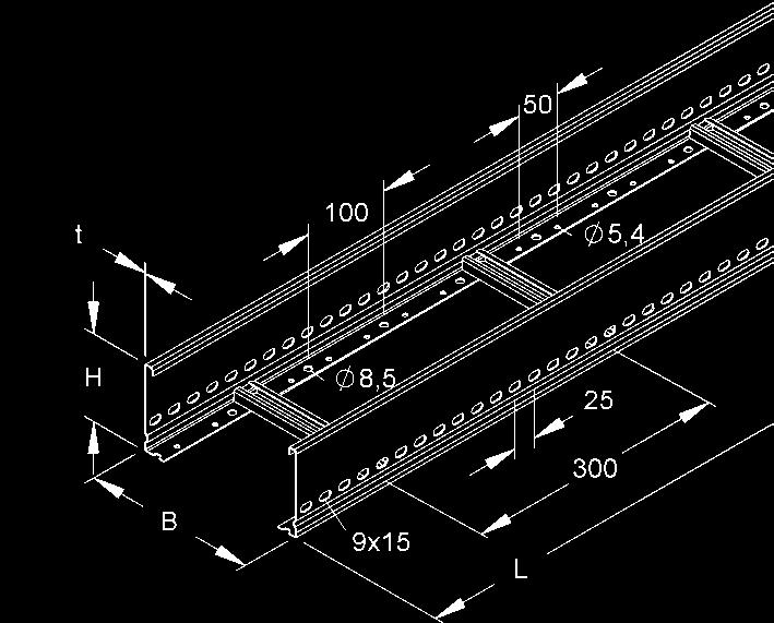 YTÉM KAELOVÝC ŽEŘÍKŮ Kabelový žebřík Rozteč příčlí 300, s bočnicemi s průběžným děrováním, s nanýtovanými nahoru otevřenými příčlemi z C-profilu s drážkou širokou 11 Tloušťka mat. t Délka L KL.