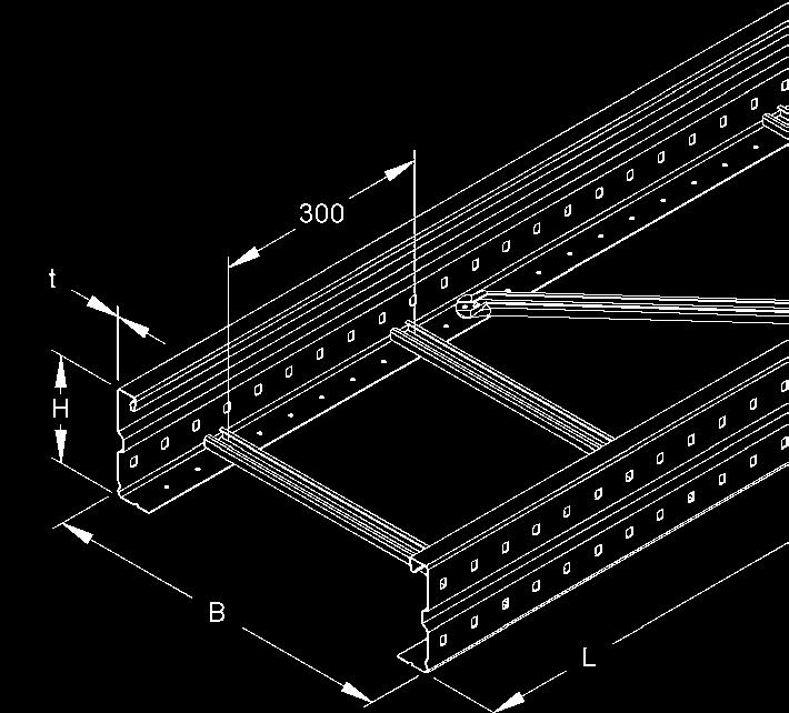 KAELOVÉ ŽEŘÍKY PRO VELKÁ ROZPĚTÍ Kabelové žebříky pro velká rozpětí rozteč příčlí 300, s bočnicemi s průběžným děrováním, s nanýtovanými příčlemi ze směrem nahoru otevřeného C-profilu s drážkou o