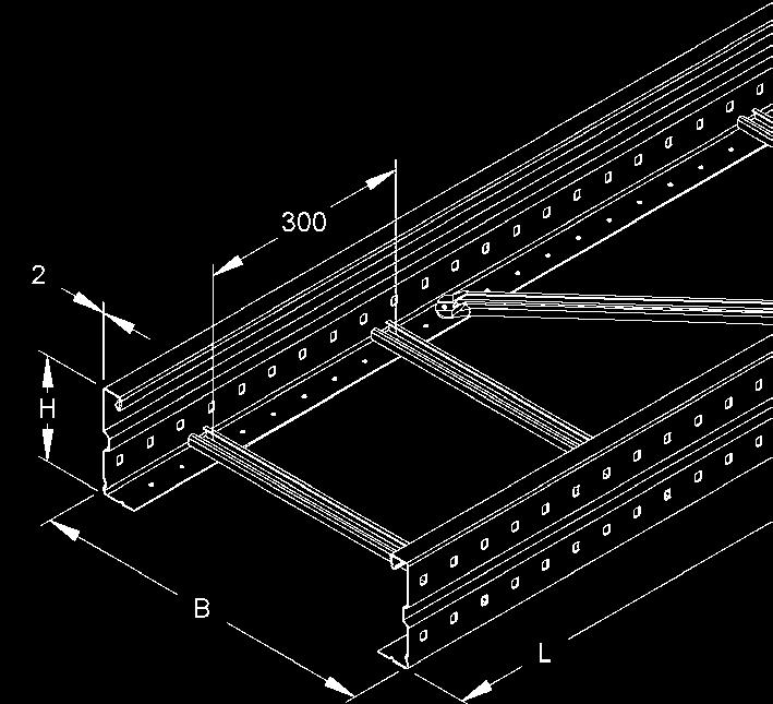 Kabelové žebříky pro velká rozpětí rozteč příčlí 300, se silnými prolisovanými bočnicemi s průběžným děrováním, s nanýtovanými nahoru otevřenými příčlemi z C-profilu s drážkou širokou 16 WLM 150.