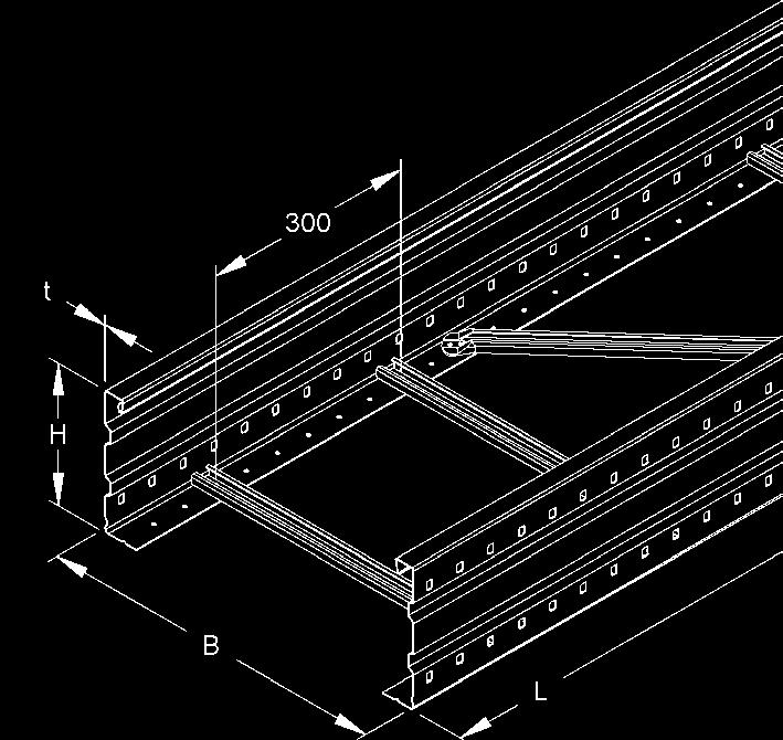 Kabelové žebříky pro velká rozpětí rozteč příčlí 300, s bočnicemi s průběžným děrováním, s nanýtovanými příčlemi ze směrem nahoru otevřeného C-profilu s drážkou o šířce 16 Délka L WL 200.
