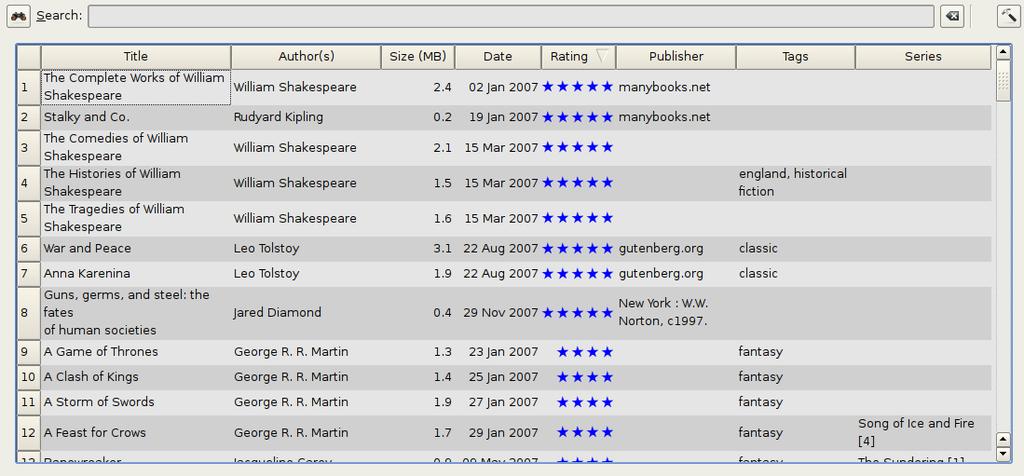 1.4 Hledání a řazení Oddíl Hledání a řazení vám umožňuje provést několik výkonných akcí na vaší kolekci knih. Můžete je seřadit podle názvu, autora, data, hodnocení atd. kliknutím na názvy sloupců.