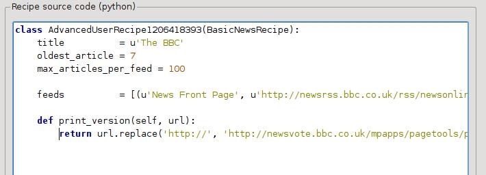 Vše, co je potřeba, je přidat následující dva řádky: def print_version(self, url): return url.replace('https://', 'https://newsvote.bbc.co.uk/mpapps/pagetools/print/ ') Toto je Python, takže odsazení je důležité.