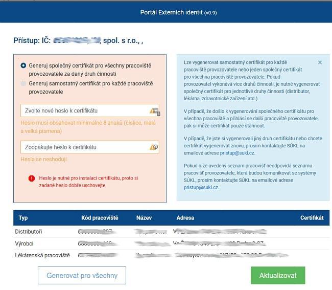 4. otevře se samotná stránka pro generování certifikátu Zde je můžeme ponechat generování společného