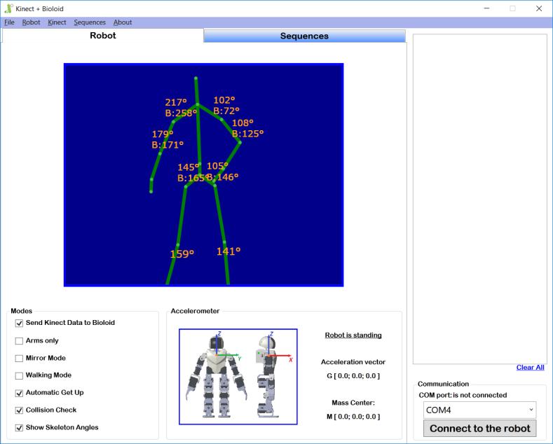 Obr. 6 - PC aplikace Řídící PC aplikace má dvě záložky: "Sequence" a "Robot", dále horní menu společných příkazů, společnou oblast pro zobrazení stavových hlášek a nastavení komunikace.