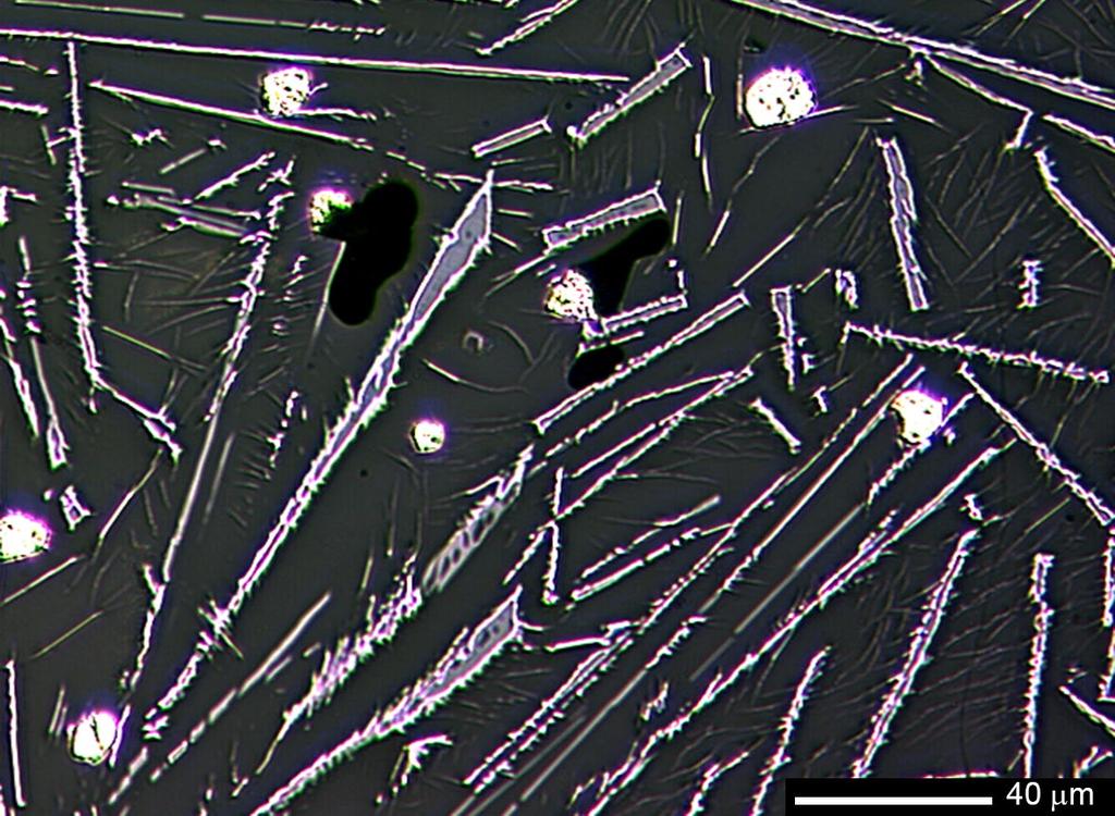 220 Bull. mineral.-petrolog. Odd. Nár. Muz. (Praha) 24, 2, 2016. ISSN 1211-0329 (print); 1804-6495 (online) Obr. 5 Bílá zrna cínu ve sklovité tavenině s kostrovitými lamelami ilmenitu.