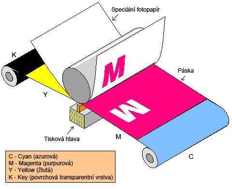 Z pásky se postupně přes sebe nanesou uvedené barevné vrstvy pro požadovaný odstín. Jedná o jednorázové použití, nelze z použité částí pásky opakovaně tisknout.