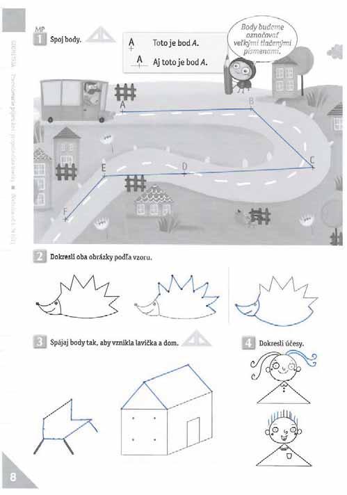 8. strana: opakovanie: priame a pojmy orientácie; nové: kreslenie a rysovanie, pojem bod; pomocné: farby predmetov, pojmy polohy Geometria/Ukážky z geometrie pracovný zošit 1/Str.