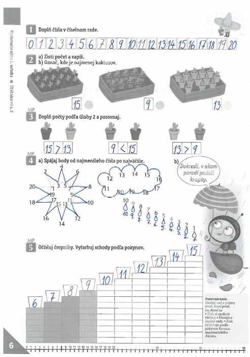 6. strana: opakovanie: : rastúci, klesajúci, pojmy usporiadania: pred, za,,, poradie; pomocné: farby predmetov, pojmy polohy: na okraji, vstrede, menší, najmenší Opakovanie 1.