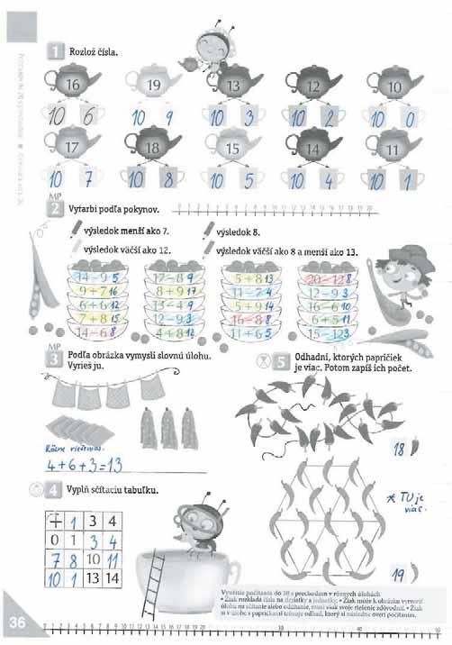 36. strana: opakovanie:,, porovnávanie, slovné úlohy, rad; pomocné: farby predmetov, tabu : obore do 20 s prechodom cez základ 10/Príklad 1 6 obore do 20 s prechodom cez základ 10/Príklad 1 6