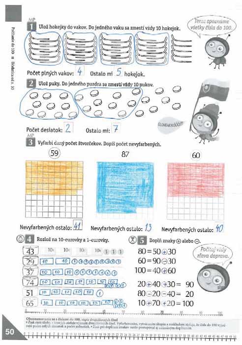 50. strana: opakovanie: íselný rad 0 až 100, sel, rád desiatok a jednotiek,, platidlá, znaky plus, mínus, pojmy: hore vpravo; nové:,, rád stoviek; pomocné: farba predmetov, riadok, v štvorcovej sieti