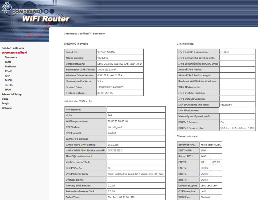 Kapitola 5 Informace o zařízení Okno webového uživatelského rozhraní je rozděleno na dvě části: hlavní nabídka - Menu (vlevo) a zobrazovací část (vpravo).