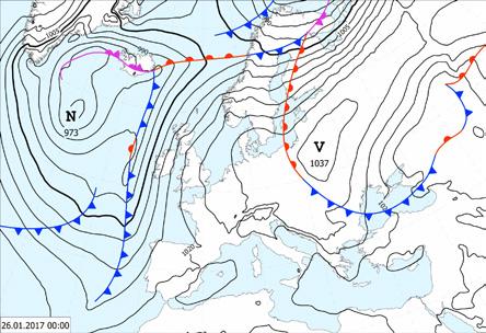 Synoptická situácia v januári 2017 Na začiatku mesiaca od severozápadu postupoval studený front spojený s tlakovou nížou nad západným Ruskom, za ním prúdil od severozápadu chladnejší vzduch.