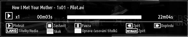 Při přehrávání videa se zobrazí toto menu: Přeskočit (číselná tlačítka): TV skočí do souboru začínajícího písmenem, které jste navolili pomocí číselných tlačítek na dálkovém ovladači.